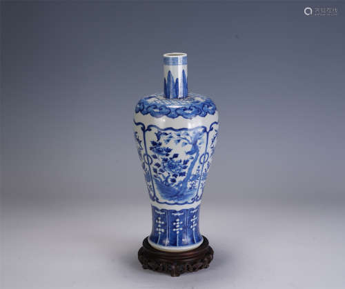 A CHINESE BLUE AND WHITE FLOWERS AND BIRDS PATTERN PORCELAIN...