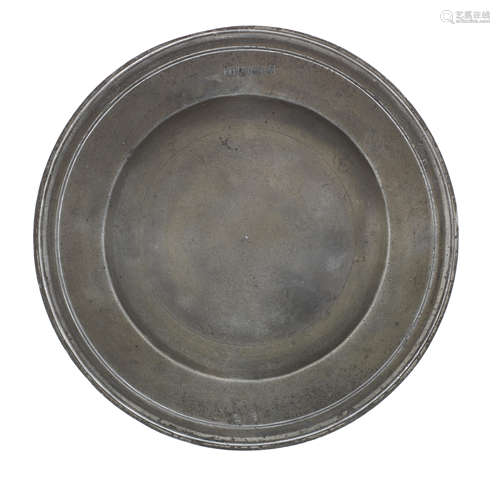 A Queen Anne pewter triple reeded semi-broad rim plate, circ...