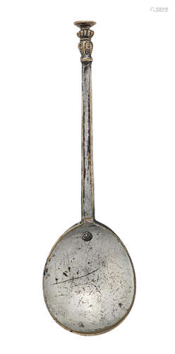 A tinned latten leafy-baluster and gadrooned seal knop spoon...