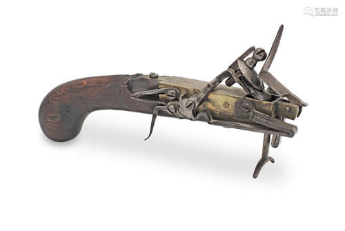 A mid- to late 18th century steel, brass and oak tinder pist...