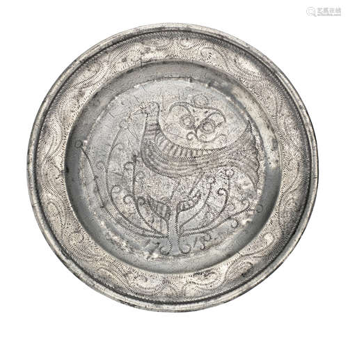 A George I pewter single reed and wrigglework plate, dated 1...