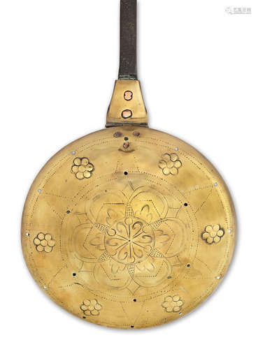 An early 18th century brass and iron warming pan, English