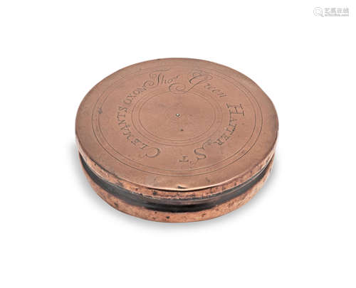 A mid-18th century copper tobacco box, circa 1750