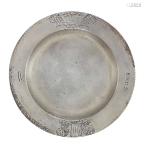 A rare Charles II pewter plain rim armorial plate, circa 168...