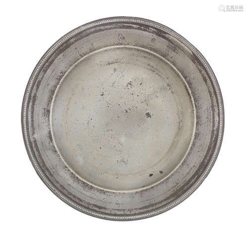 A George III pewter beaded edged plate, circa 1780