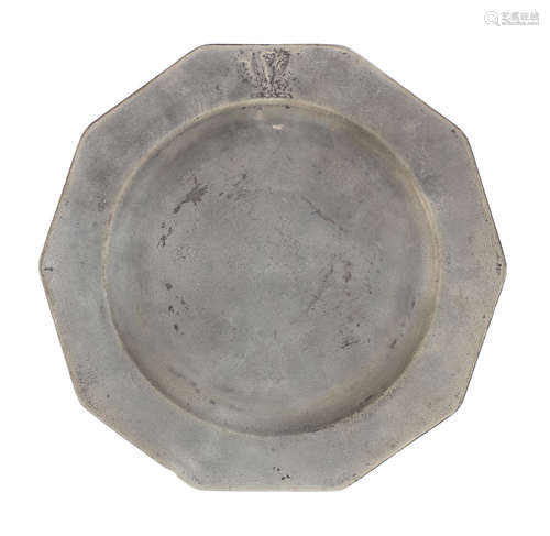 A rare and documented George II pewter decagonal plain rim p...