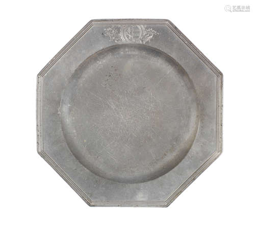 A rare George II/III pewter octagonal plate, circa 1760