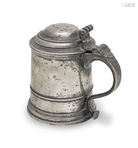 A George II pewter OEAS pint low dome lidded tankard, Bristo...