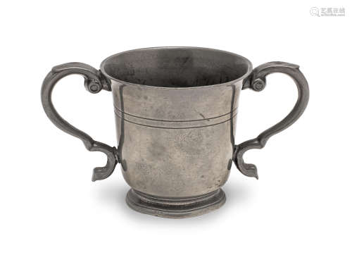 A George II pewter OEWS half-pint twin-handled cup, Wigan, c...