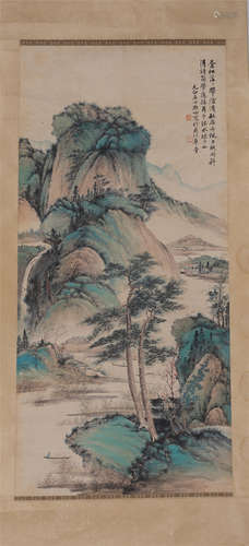 A CHINESE PAINTING GREEN MOUNTAINS LANDSCAPE