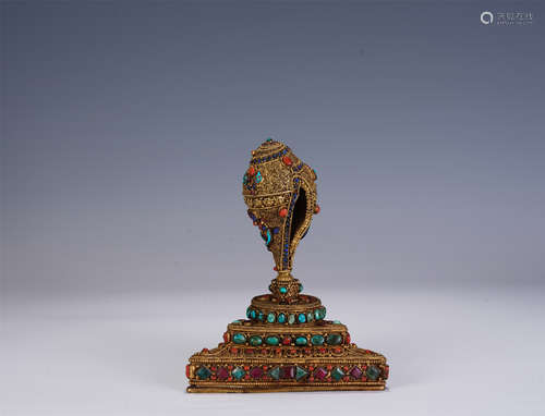 A CHINESE GILT BRONZE BUDDHIST UTENSILS WITH GEMSTONES INLAI...