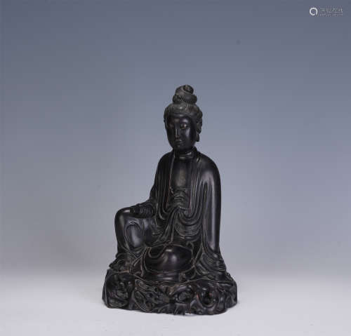 A CHINESE ZITAN FIGURE OF GUANYIN SEATED BUDDHA STATUE
