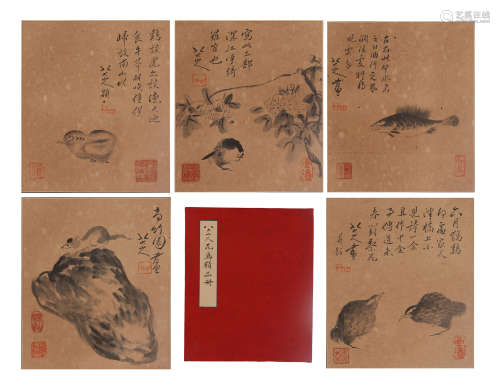 SIX PAGES OF CHINESE PAINTING ANIMALS AND FLOWERS