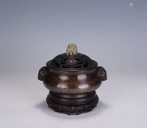 A CHINESE BRONZE INLAID SILVER LINES INCENSE BURNER