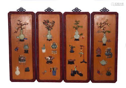 FOUR PANELS OF CHINESE GEM STONE INLAIDED BOGU HANGED SCREEN...