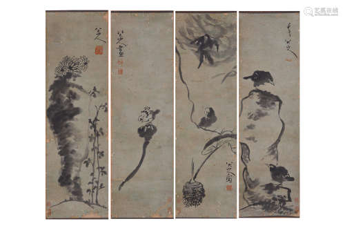 FOUR PANELS OF CHINESE INK COLOR PAINTING FLOWERS AND BIRDS