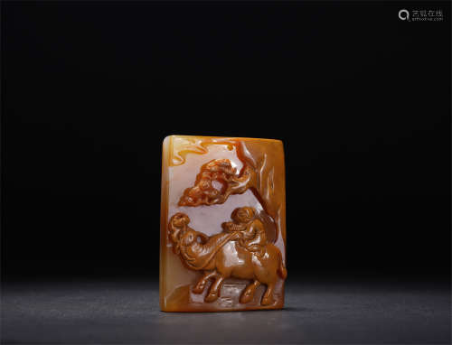 A CHINESE AGATE QIAOSE HERDING CATTLE PLAQUE