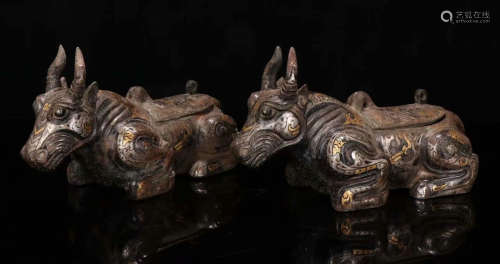 PAIR OF BRONZE WITH GOLD SILVER BEAST SHAPE CONTAINERS
