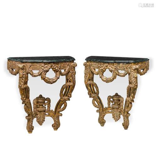 A PAIR OF NEOCLASSICAL STYLE GREEN MARBLE TOP GILTWOOD CONSO...