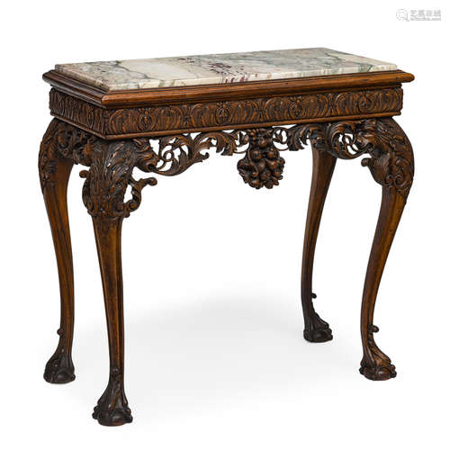 A GEORGE III VARIEGATED MARBLE INSET CARVED WALNUT CONSOLE T...