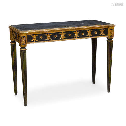 AN ITALIAN NEOCLASSICAL BRASS INLAID SLATE TOP PAINTED AND G...