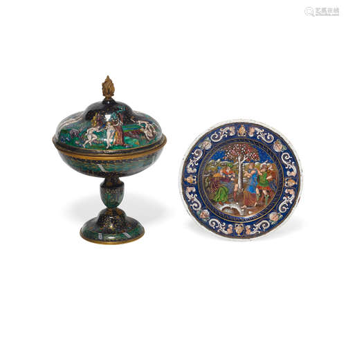 A LIMOGES BRONZE MOUNTED ENAMEL COVERED TAZZA AND A LIMOGES ...