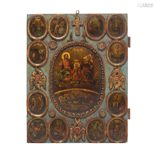 A RUSSIAN POLYCHROMED WOOD ICON DEPICTING THE LIFE OF CHRIST