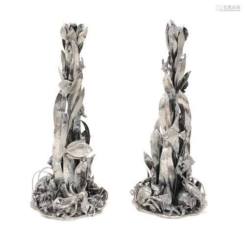 A PAIR OF ITALIAN STERLING SILVER SEAWEED AND ANEMONES CANDL...