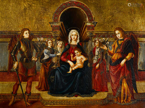 Spanish School, 20th Century Madonna enthroned 36 x 48in (91...