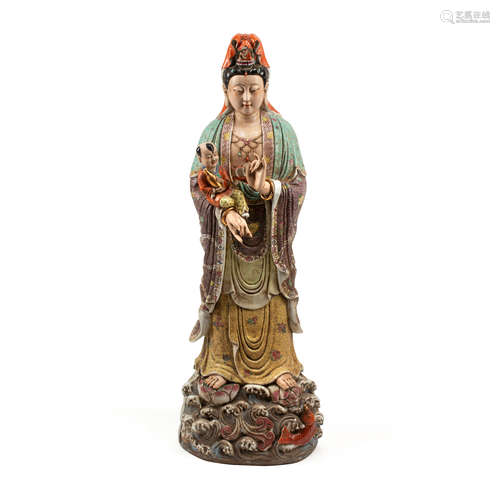 A CHINESE FAMILLE ROSE PORCELAIN FIGURE OF GUANYIN AND SUDHA...