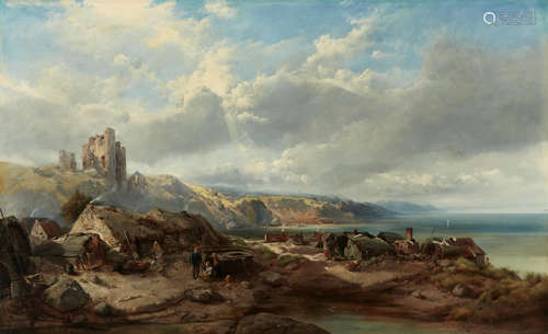 Henry Bright (British, 1810-1873) Fisherfolk in a coastal vi...