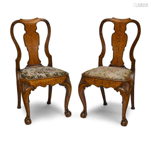 A PAIR OF GEORGE II WALNUT, SATINWOOD, AND MARQUETRY SIDE CH...