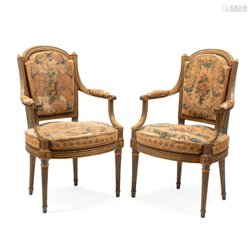 A PAIR OF LOUIS XVI STYLE PAINTED WOOD FAUTEUILS 18th centur...