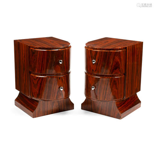 A PAIR OF ART DECO STYLE EXOTIC WOOD BEDSIDE TABLES