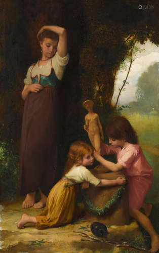 Emile Levy (French, 1826-1890) Children decorating garden st...