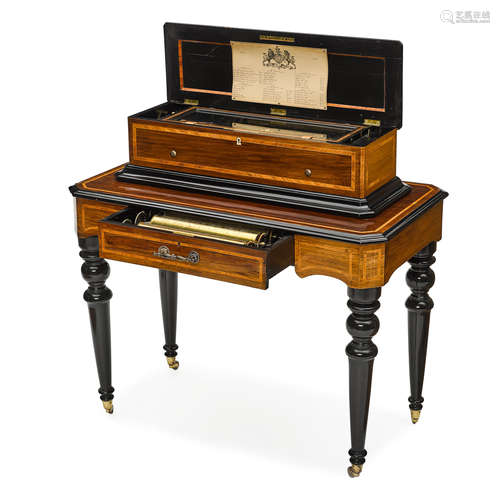 A SWISS PART EBONIZED AND INLAID WOOD MUSIC BOX ON STAND WIT...