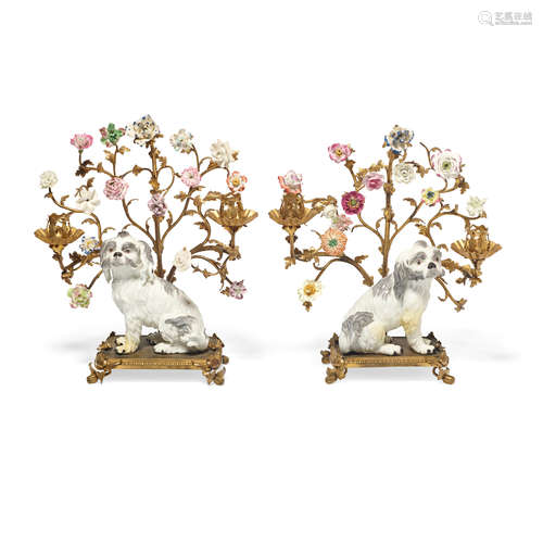 A PAIR OF LOUIS XV STYLE BRONZE AND MEISSEN PORCELAIN TWO-LI...