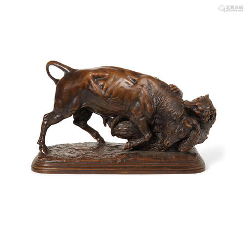 A Patinated Bronze Fighting Bull and Bear Group Isidore Jule...