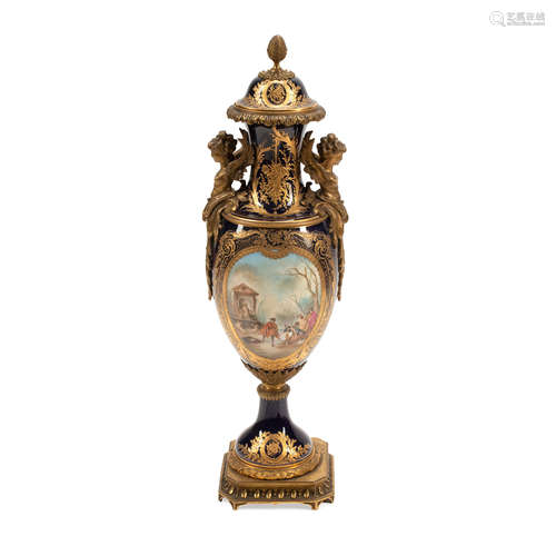 A SÈVRES STYLE GILT BRONZE MOUNTED PORCELAIN URN Late 19th/e...