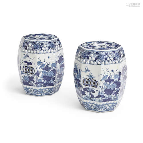 A PAIR OF CHINESE BLUE AND WHITE PORCELAIN OCTAGONAL GARDEN ...