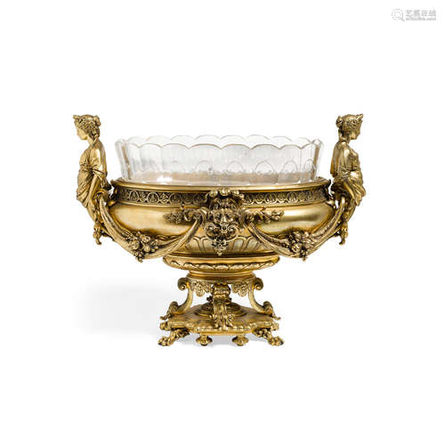 A FRENCH BAROQUE STYLE GILT BRONZE AND CUT GLASS FIGURAL CEN...