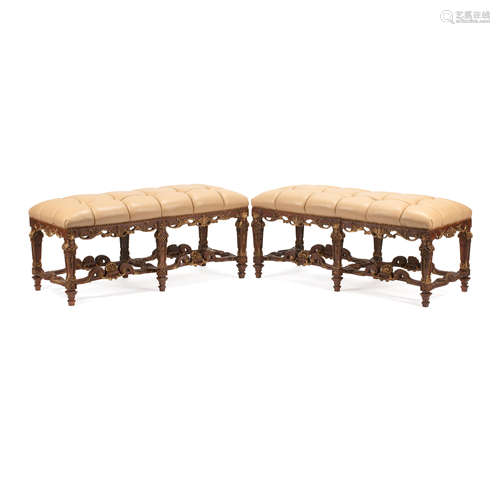 A PAIR OF RÉGENCE STYLE GILT HIGHLIGHTED WOOD BENCHES