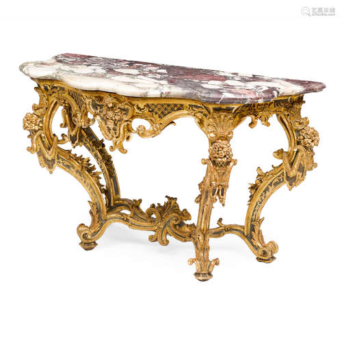 A SICILIAN BRECHE VIOLETTE MARBLE TOP POLYCHROMED AND GILTWO...