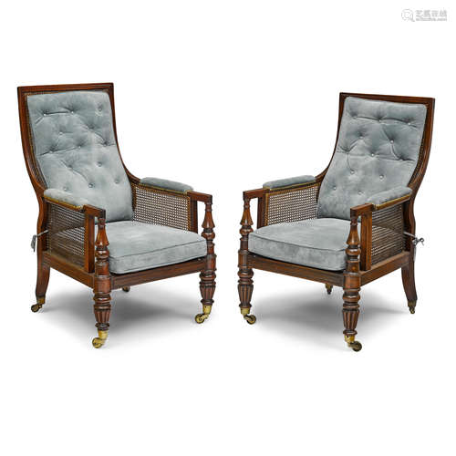 A PAIR OF GEORGE IV STYLE CANED MAHOGANY LIBRARY ARMCHAIRS