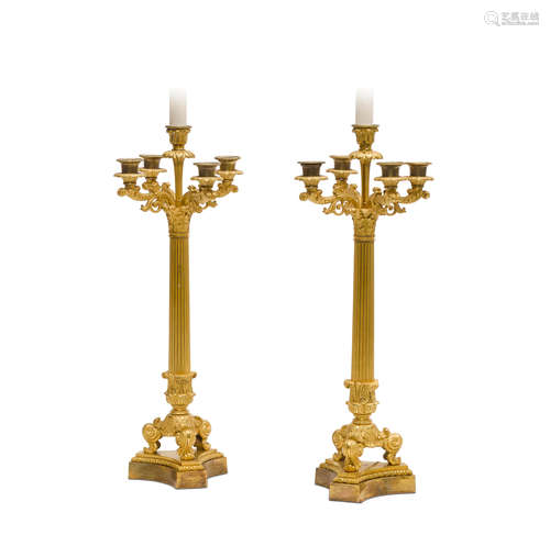 A PAIR OF LOUIS-PHILIPPE GILT BRONZE FIVE-LIGHT CANDELABRA E...