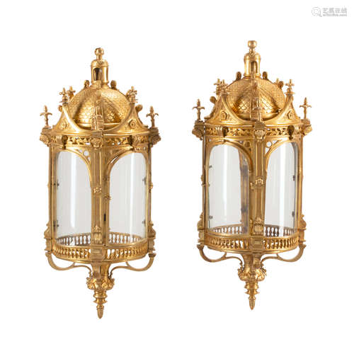 A PAIR OF LOUIS XVI STYLE GILT BRONZE LANTERNS