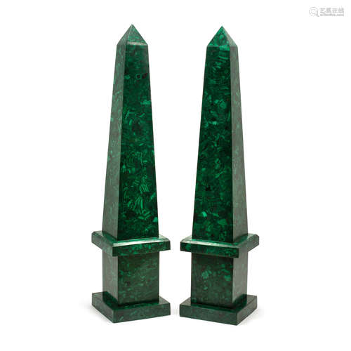 A PAIR OF MONUMENTAL MALACHITE VENEERED OBELISKS