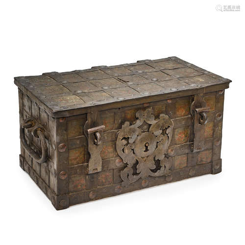 A SPANISH PAINTED IRON STRONG BOX 17th century