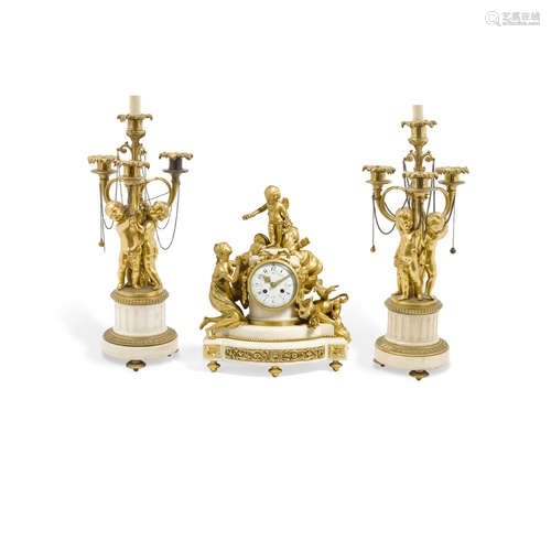 AN ASSEMBLED LOUIS XVI STYLE GILT BRONZE AND MARBLE THREE-PI...