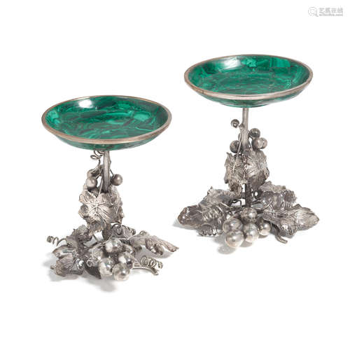 A PAIR OF ITALIAN MALACHITE AND STERLING SILVER FRUIT-FORM T...